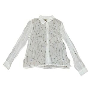 Putumayo Women's Small White Sheer Floral Embroidered Coquette Button Down Top